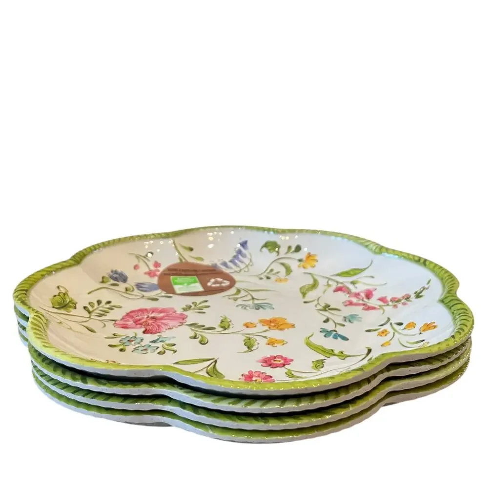 NEW Shabby Chic Floral Melamine Salad Plates 9in Set of 4 Scalloped Green Border